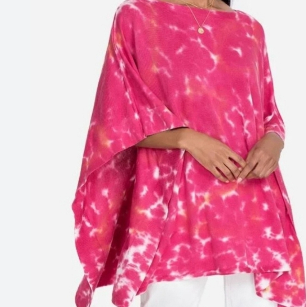 Johnny Was Hot Pink Hand Painted Sweater Poncho One Size